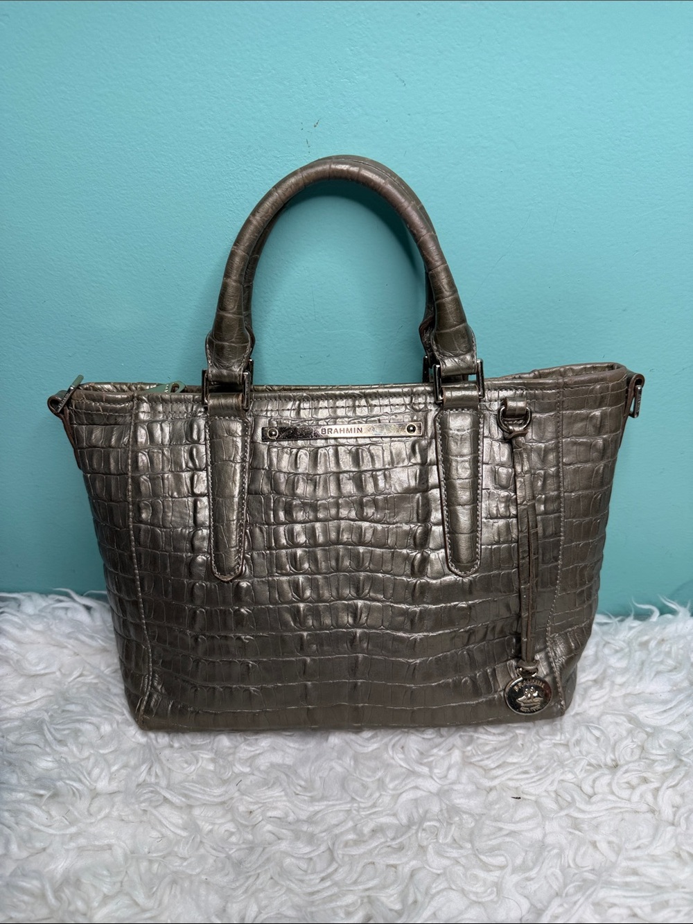Brahmin Mini Asher Metallic Bronze Croc-Embossed Tote.NO LONG STRAP!!!